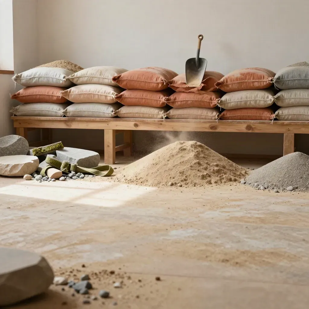 Warmer Werkstattraum mit Sandsäcken, Holzbank und Steinproben im weichen Licht.