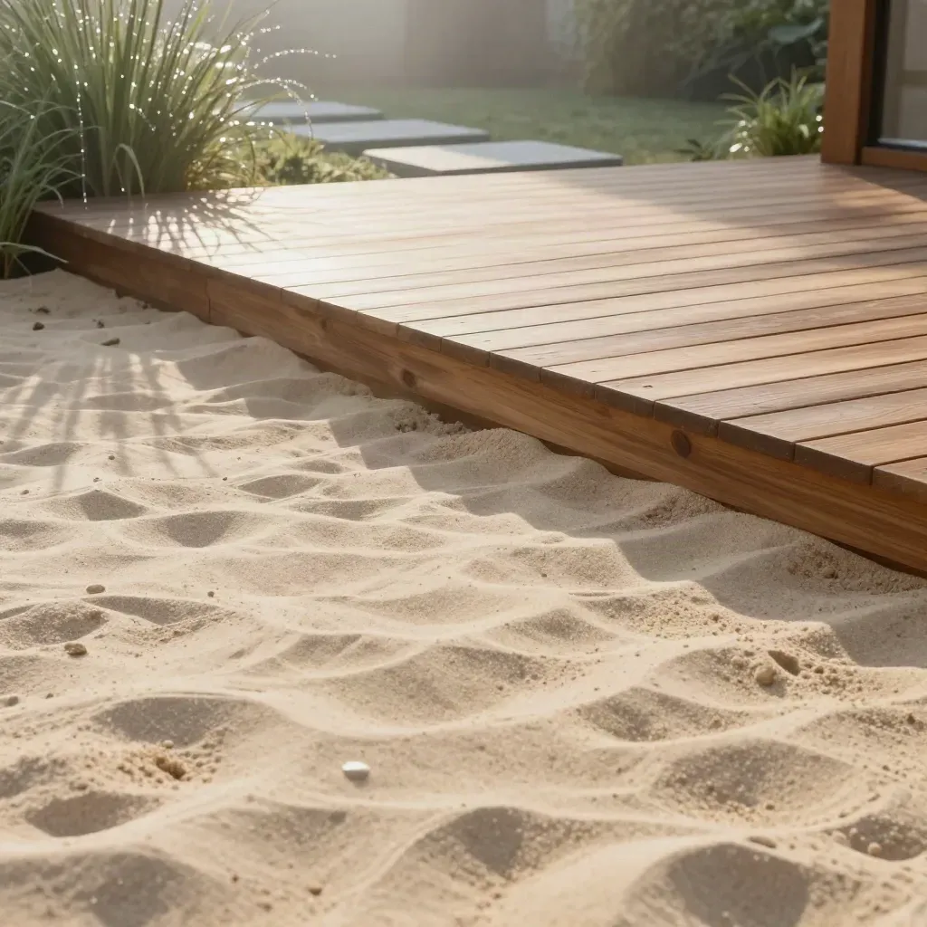 Helle Holzterrasse mit Sandkastenrand, Gräsern und Trittsteinen im Morgenlicht