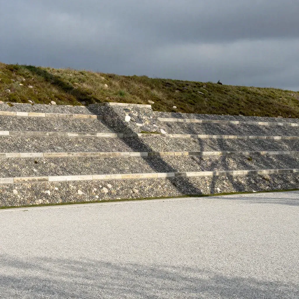 Grauer Kiesweg an heller Stützmauer mit gestuften Steinen und Grün oben