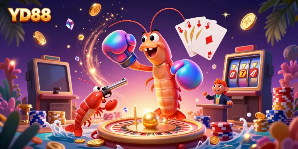 Experience the vibrant action at YD88 with a dynamic casino-themed illustration featuring lively characters, games, and excitement.