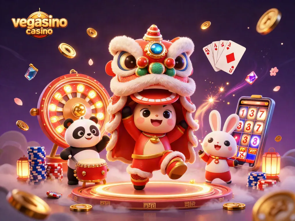 Engage with thrilling games at vegasino casino featuring a vibrant 3D scene of festive characters.