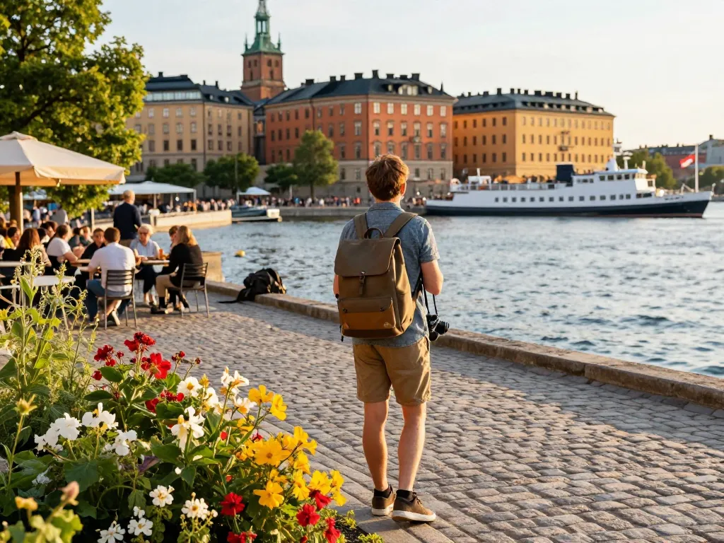 Reisetipps Stockholm: Malerische Uferpromenade mit einem Reisenden, der historische Stätten und lebhafte Cafés erkundet.