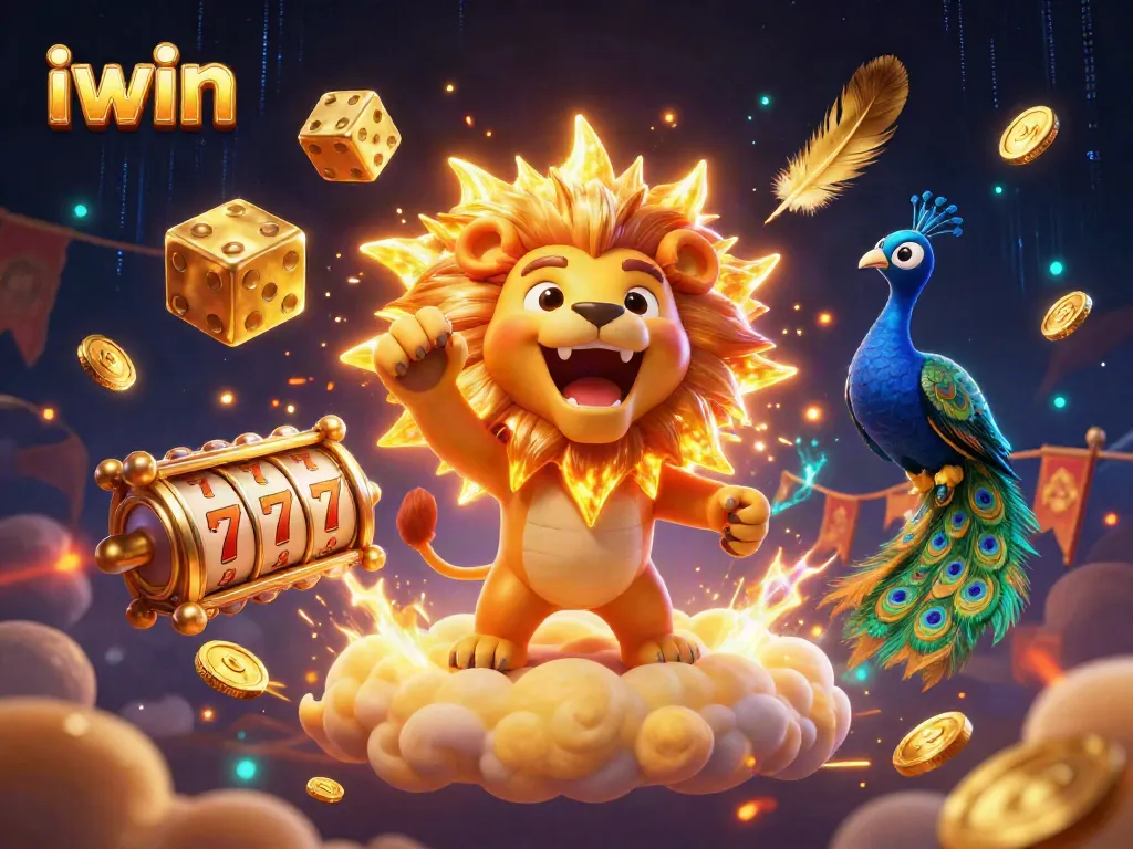 Experience the excitement of iwin gaming with vibrant casino imagery featuring a heroic lion and golden dice.