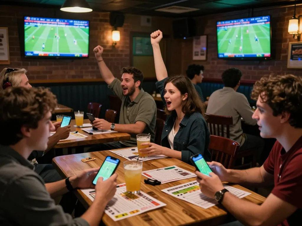 Patrons excitedly engaging in sports betting while watching matches, showcasing tỷ lệ bóng đá kèo nhà cái in action.