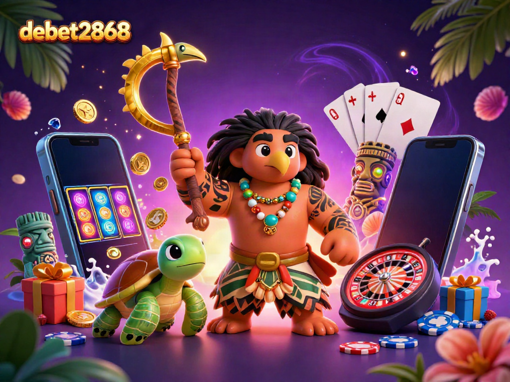 Experience thrilling gaming at Debet2868 with Polynesian demigod in a vibrant casino atmosphere.