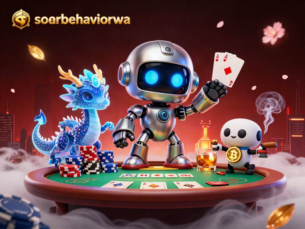 Engage with soarbehaviorwa through high-stakes poker at a vibrant, animated casino scene.