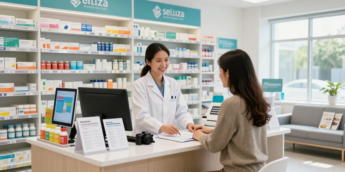 Selliza Pharma Shop bietet einen einladenden Apotheken-Einkaufsbereich mit einem hilfsbereiten Apotheker und vielfältigen Gesundheitsprodukten.