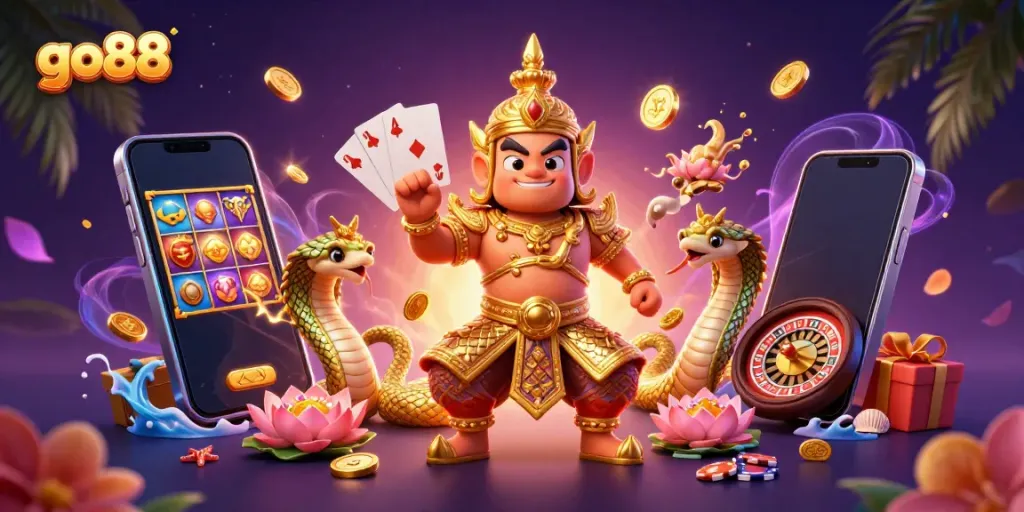 Spin the reels at go88 and win big with 3D characters in a vibrant casino setting.