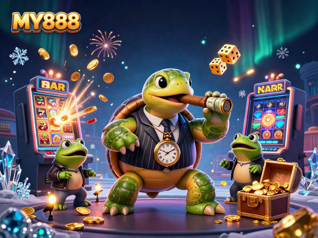 Win big with MY888 in a vibrant cartoon casino scene featuring a snapping turtle and bullfrog enforcers.