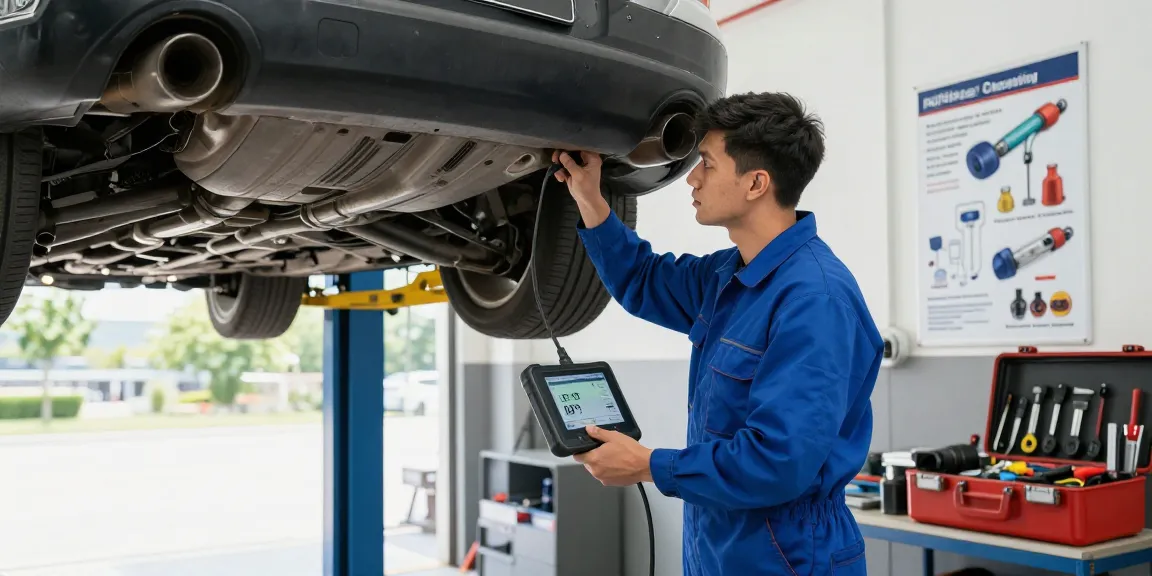 Mechaniker bei der DPF-Reinigung in einer gut beleuchteten Werkstatt mit Werkzeug und Diagnosegerät.