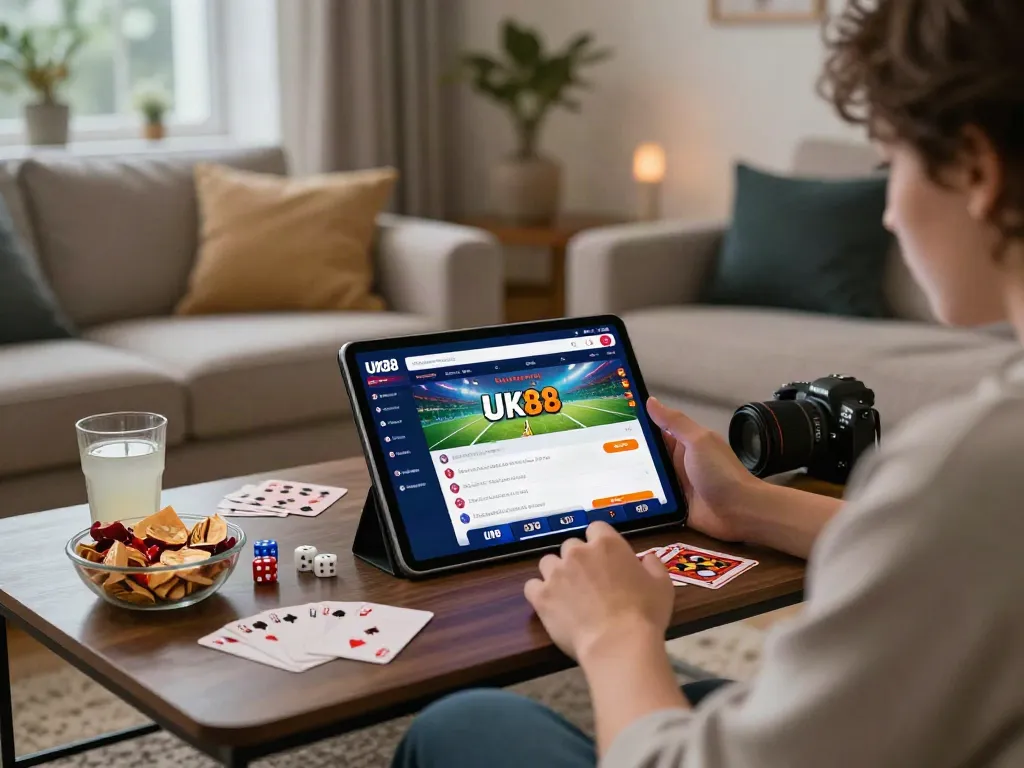 Engaging in online gaming at https://uk88win.org/ with a cozy setup featuring tablets, cards, and snacks.