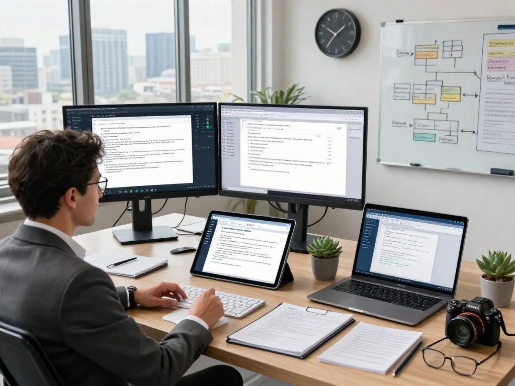 Professional analyst using advanced tools for document fraud detection analysis in a high-tech office environment.