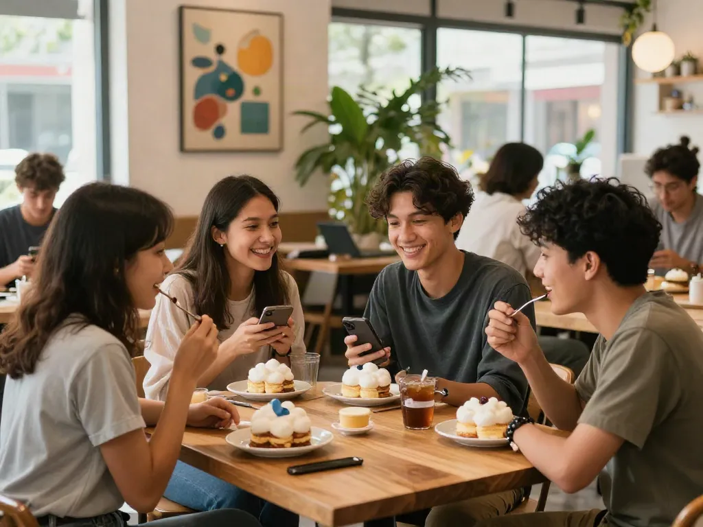 Engaging café scene with friends enjoying rokok88 desserts and conversation