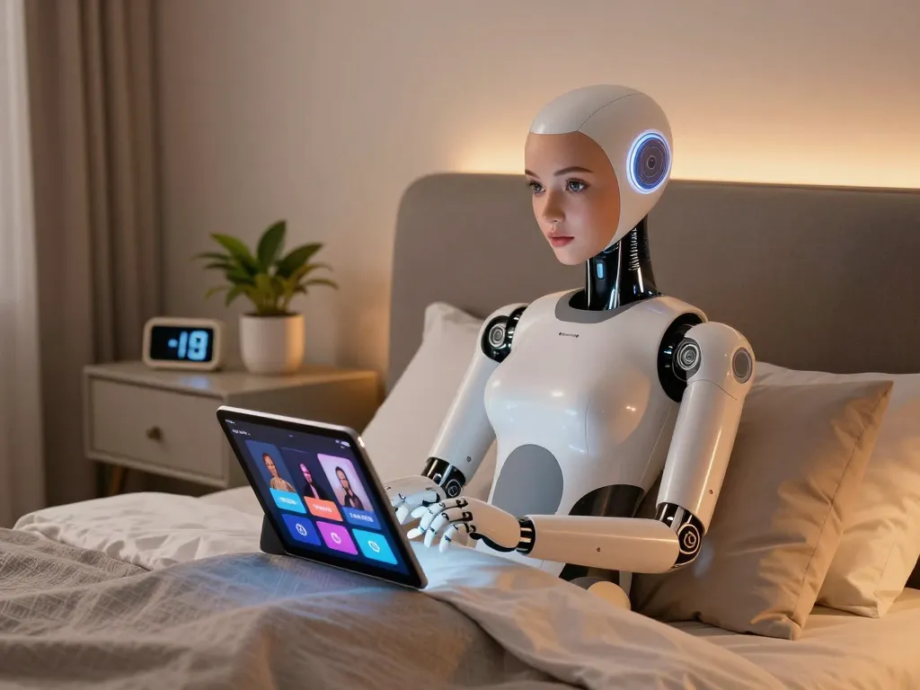 Interactive sex bot in a modern bedroom setting, displaying advanced companionship features.