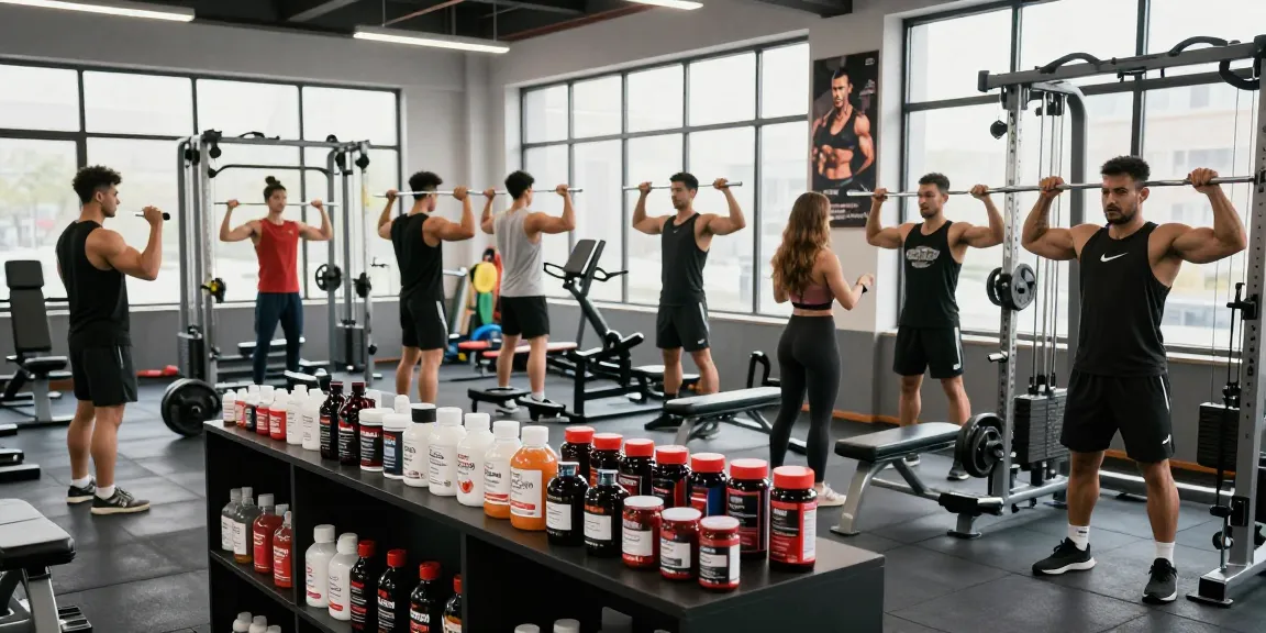 Bodybuilder trainieren im Steroidshop mit Anabolika und Fitnessgeräten.