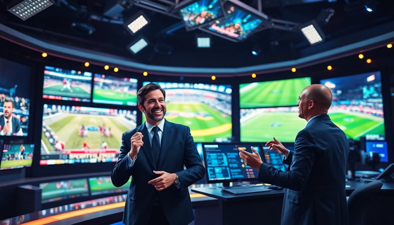 Engaging scene of sports broadcasting in a vibrant studio with dynamic elements.
