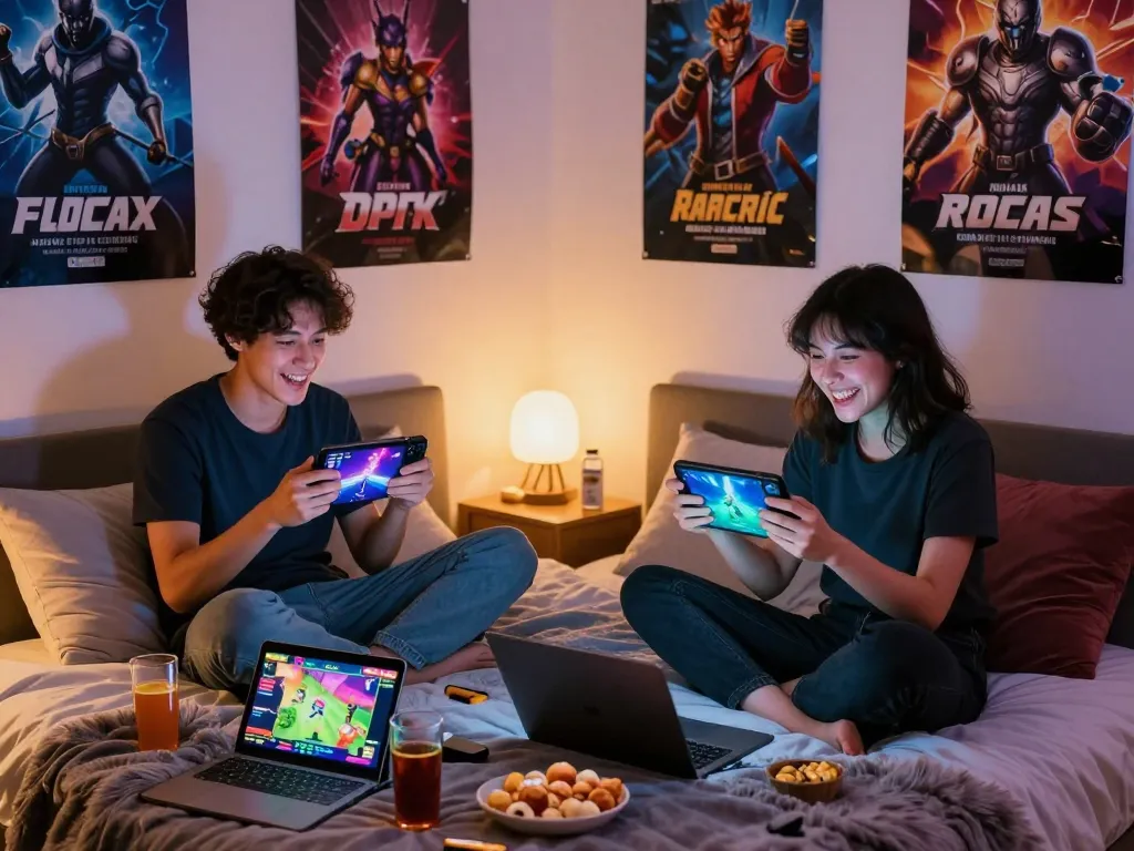 Engaged players enjoying an online porn game together in a cozy bedroom.