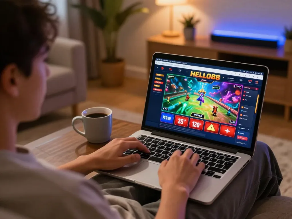 Player enjoying HELLO88 online casino on laptop, engaged in strategic gameplay at home