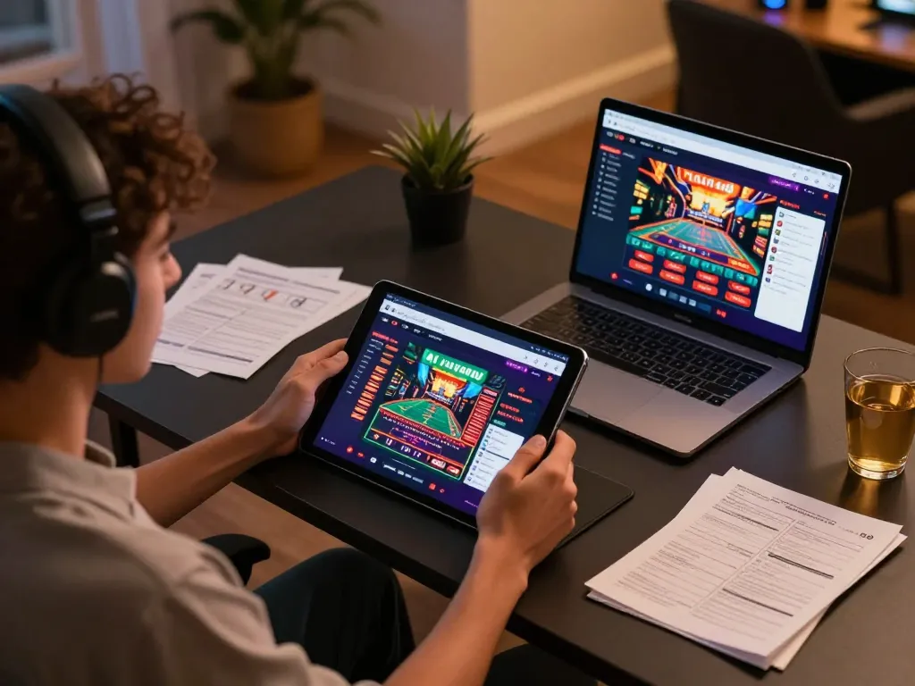 Engaged user exploring dagago platform on tablet for thrilling online betting experience.