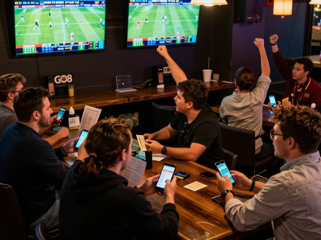 Exciting sports betting moment at GO8 with fans placing live bets and engaging with mobile apps.