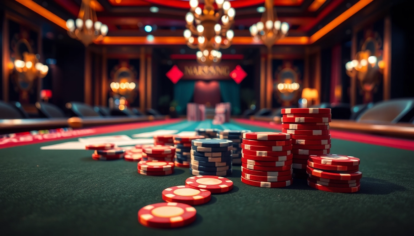 Stimmungsvoller Casinotisch mit Casinospielen und bunten Spielchips im Fokus.