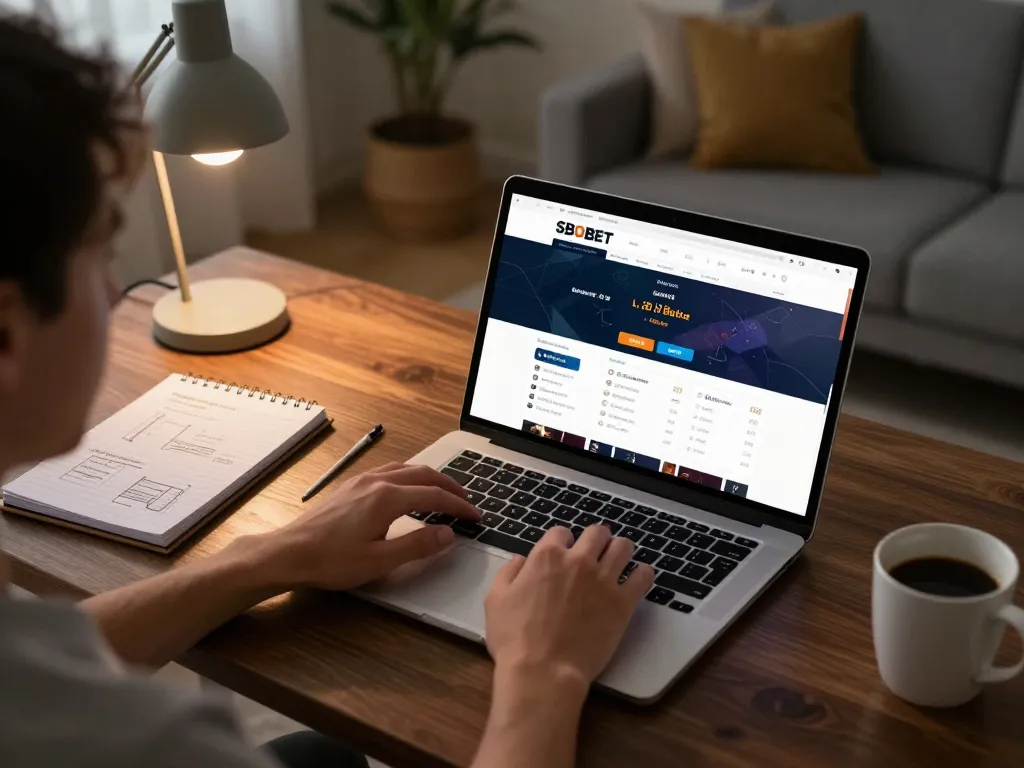 Antarmuka taruhan SBOBET ditampilkan di laptop selama sesi permainan online di ruang tamu yang nyaman.