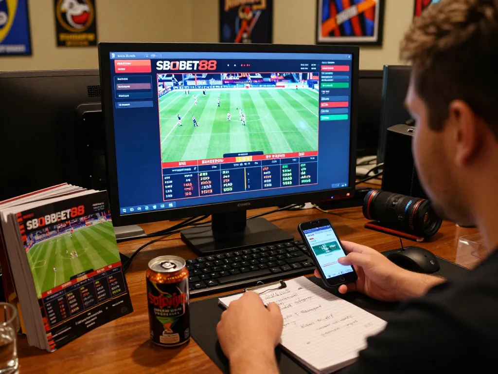 Engaged player using SBOBET88 betting platform in a vibrant online gambling setup.