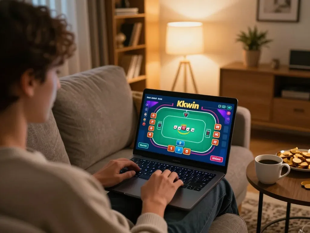 Kkwin online gambling session at home with warm lighting and engaging interface.