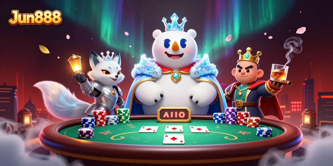 Experience thrilling games at Jun888, where a polar bear king and snow fox companion create a vibrant poker scene.