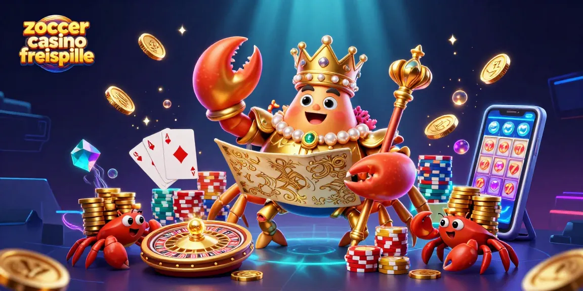 Zoccer Casino Freispiele: Spannende Illustration mit einem goldenen Krabbenkaiser und Spielsymbolen.